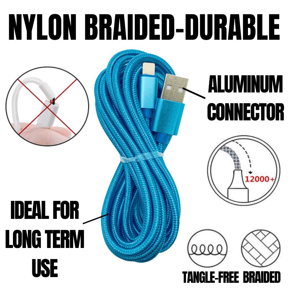 PBG Nylon Woven Zebra Cable – XL 10FT Fast Charging for iPhone & iPad